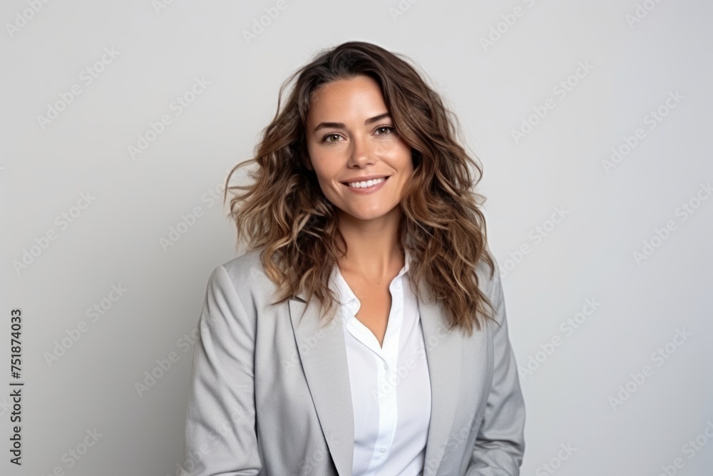 Portrait of a beautiful businesswoman smiling at the camera while standing against grey background Portrait of a beautiful businesswoman smiling at the camera while standing against grey background