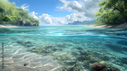 beach views with half water and half land, underwater views of the sea with coral and beach views with trees and clouds in a clear sky