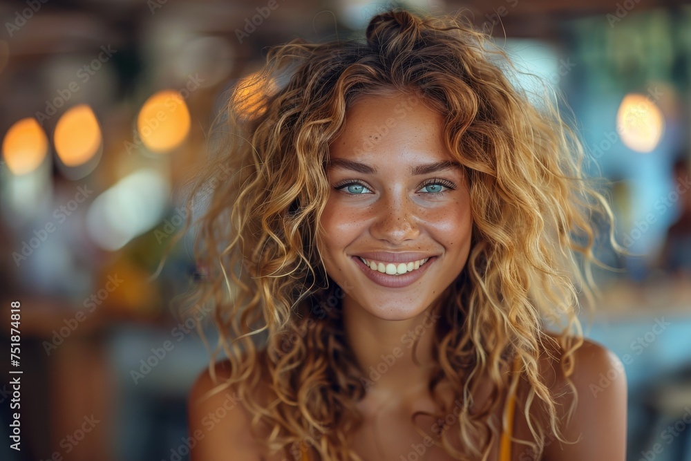 Young cheerful woman with green eyes and curly blonde hair smiling warmly Young cheerful woman with green eyes and curly blonde hair smiling warmly