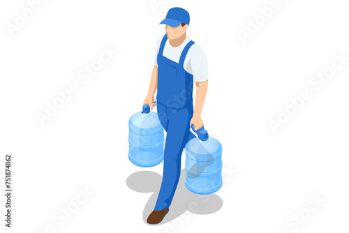 Isometric water delivery man. An employee man wearing a blue cap t-shirt uniform workwear working as a dealer courier hold a big water bottle