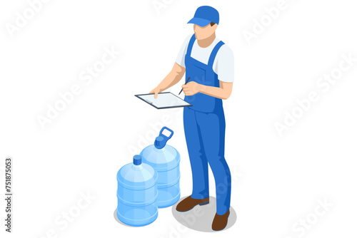 Isometric water delivery man. An employee man wearing a blue cap t-shirt uniform workwear working as a dealer courier hold a big water bottle