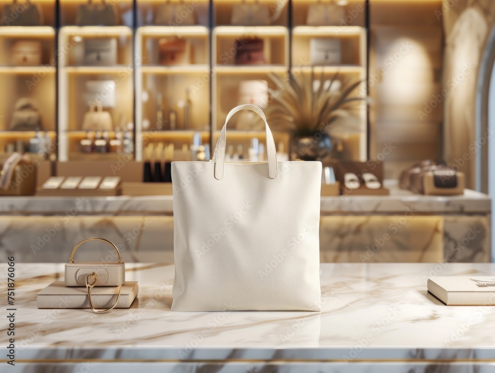 A mockup portrait of a cream-coloured blank tote bag in a luxurious marble room with abstract embellishments, and a blurred background of the bag and perfume. Created with Generative AI. A mockup portrait of a cream-coloured blank tote bag in a luxurious marble room with abstract embellishments, and a blurred background of the bag and perfume. Created with Generative AI.