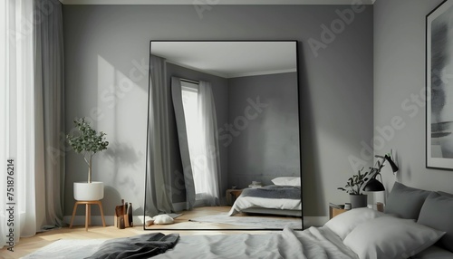  full sized body mirror next to a window in a bedroom in a home in gray tone created with generative ai. photo