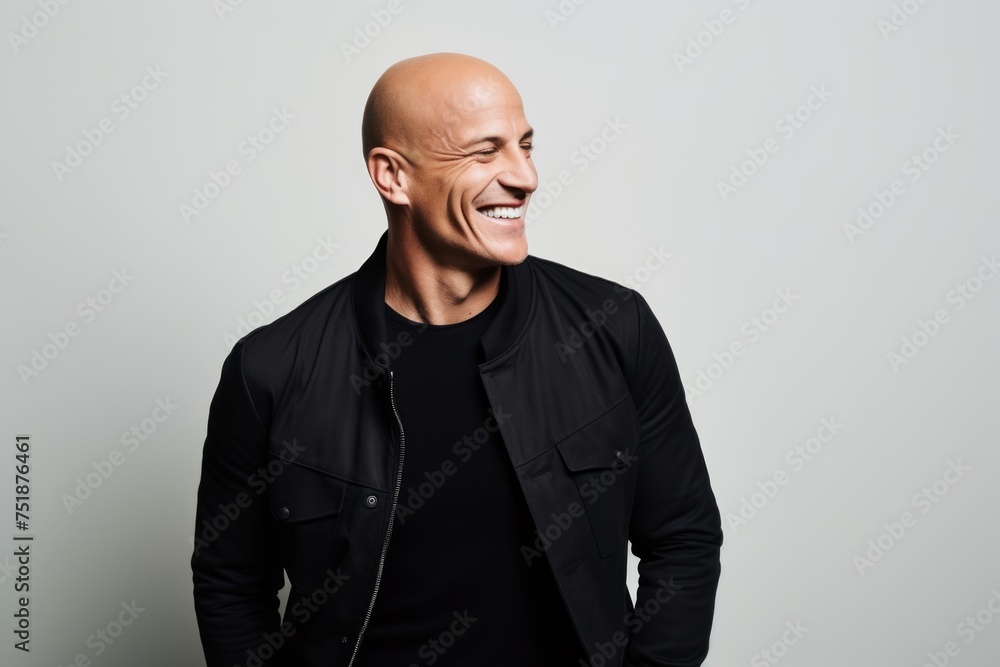 Portrait of a smiling mature bald man in a black jacket. Portrait of a smiling mature bald man in a black jacket.