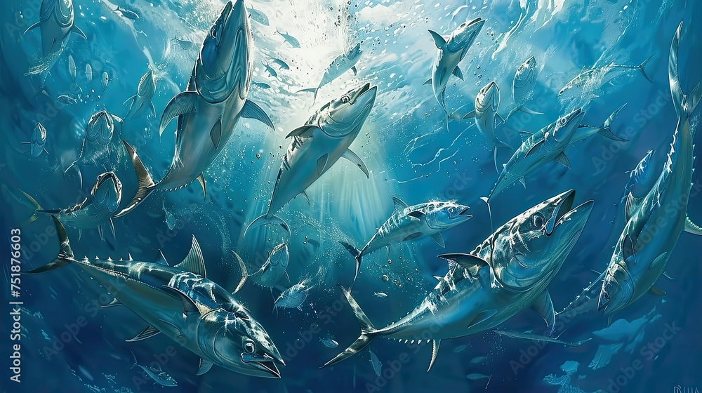 fish school of tuna - obrazy, fototapety, plakaty 
