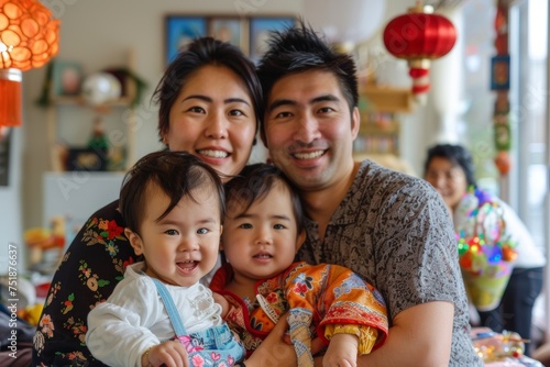 A family celebrating a blended holiday, merging customs from two different cultures, with decorations reflecting both.