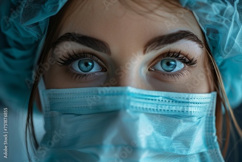 Portrait of female surgeon looks attentively. She is wearing surgical mask in operating theatre room in the hospital. Medical concept