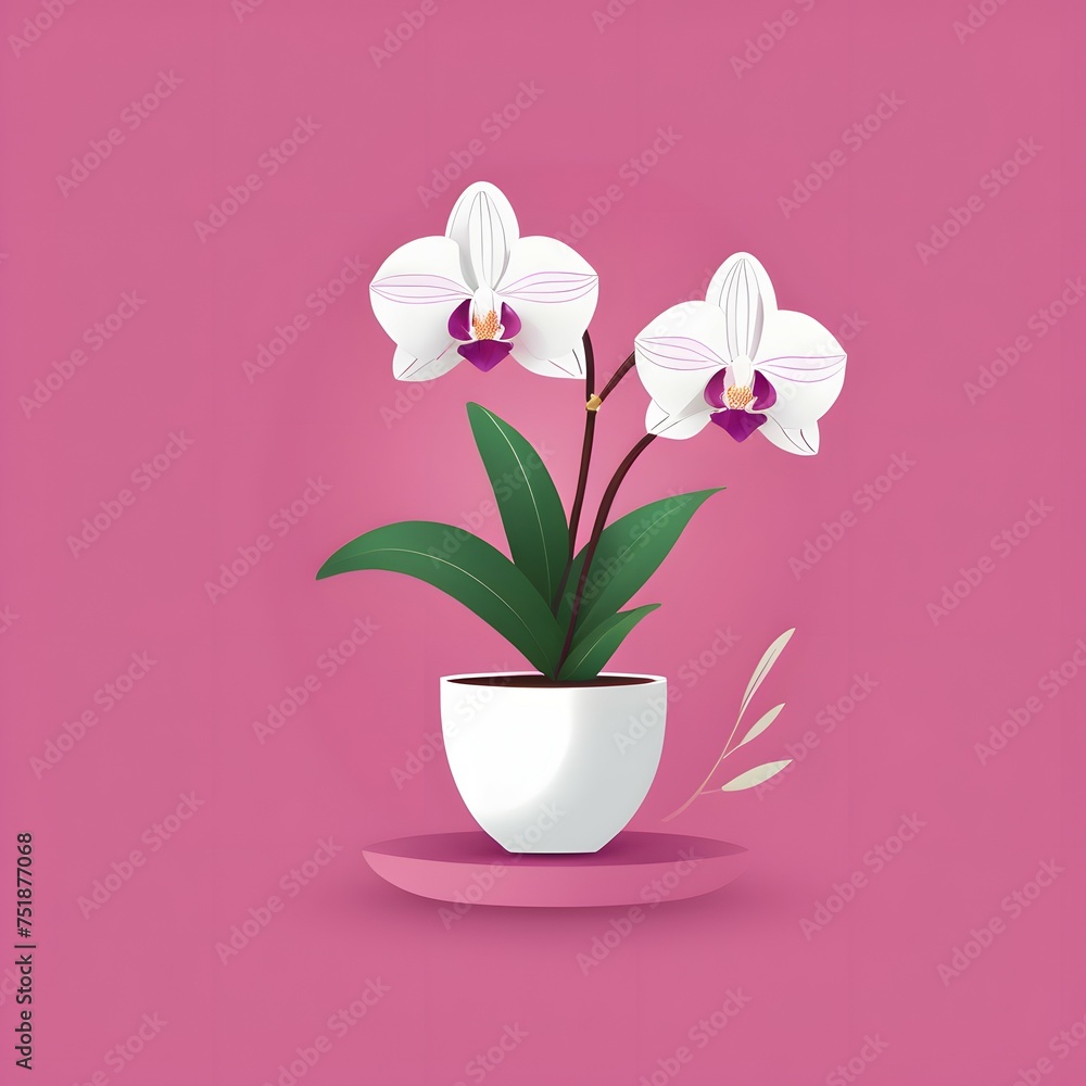 Orchid flower in a pot on a soft magenta background Orchid flower in a pot on a soft magenta background