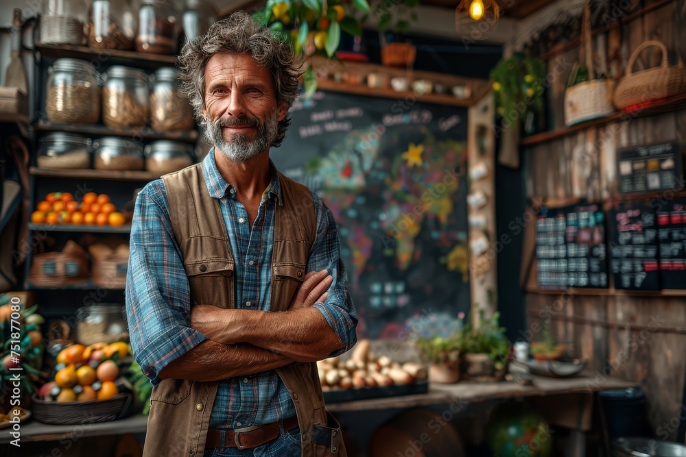 Mature man with a beard smiling confidently in a rustic cafe setting Mature man with a beard smiling confidently in a rustic cafe setting