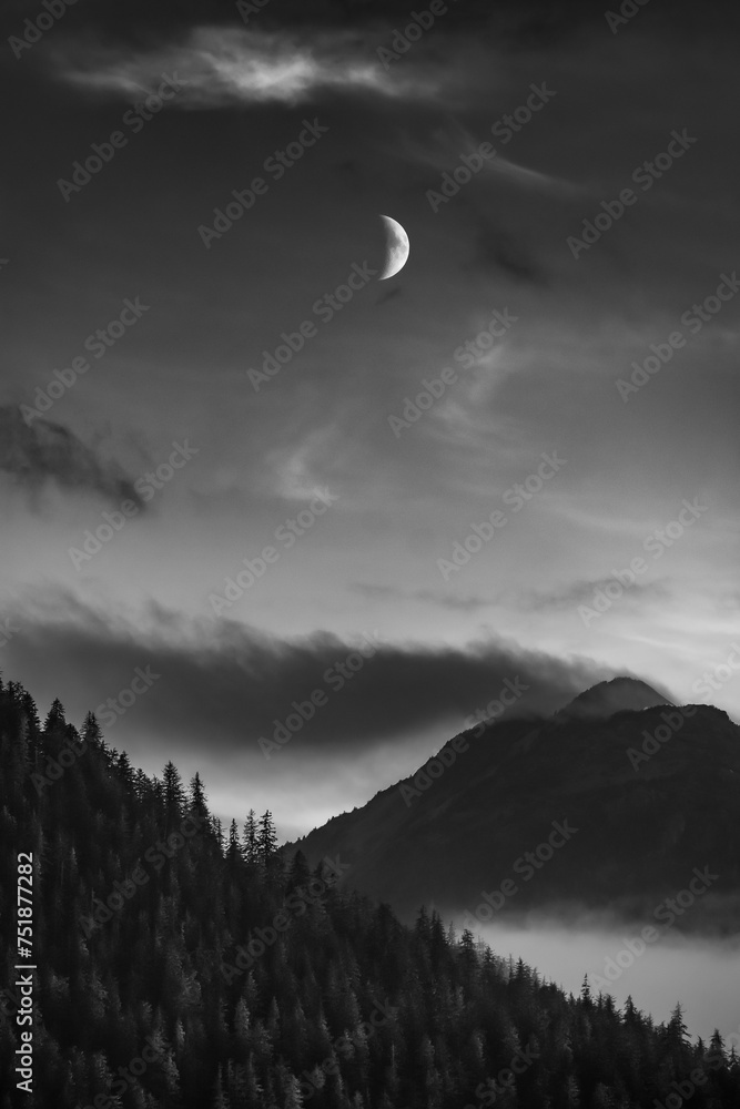 Forested hills in twilight with crescent moon Forested hills in twilight with crescent moon