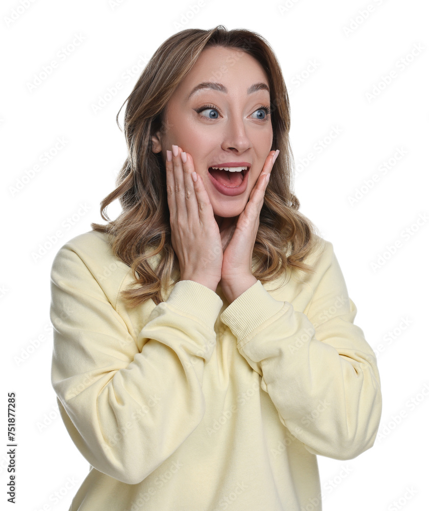 Portrait of happy surprised woman on white background Portrait of happy surprised woman on white background