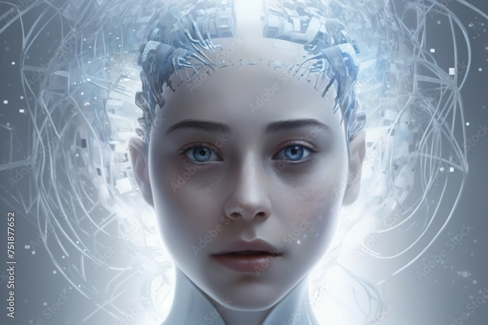 Digital art portrait of a white android with ethereal features and a futuristic aesthetic - Generative AI - obrazy, fototapety, plakaty 