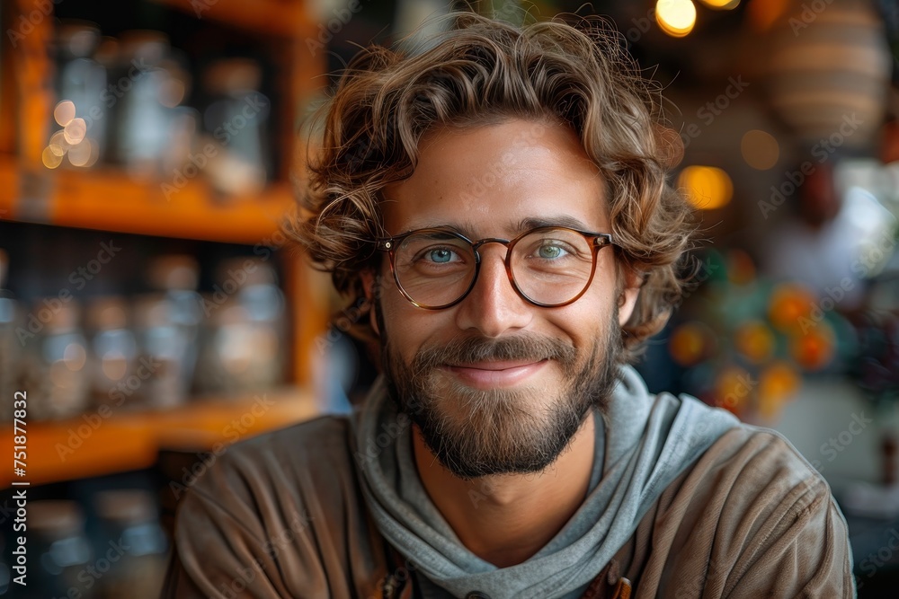 A man with curly hair and glasses gives off a friendly vibe in a warm, inviting cafe atmosphere A man with curly hair and glasses gives off a friendly vibe in a warm, inviting cafe atmosphere