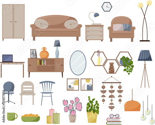 Set of furniture for living room and office design. A sofa and a wardrobe, a bedside table with a lamp, an armchair, a table with a laptop, chairs, figurines and flowers. dressing table, flower