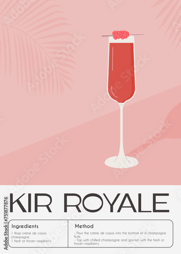 Kir Royale Cocktail garnished with raspberry. Classic alcoholic beverage recipe modern wallart print. Summer french aperitif alcoholic drink. Minimalist trendy contemporary poster. Vector illustration