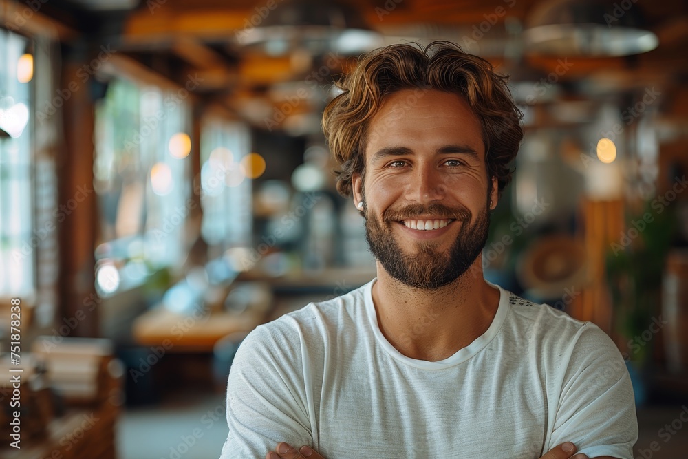 Handsome man with a bright smile posing with crossed arms in a well-lit, contemporary coffee house Handsome man with a bright smile posing with crossed arms in a well-lit, contemporary coffee house