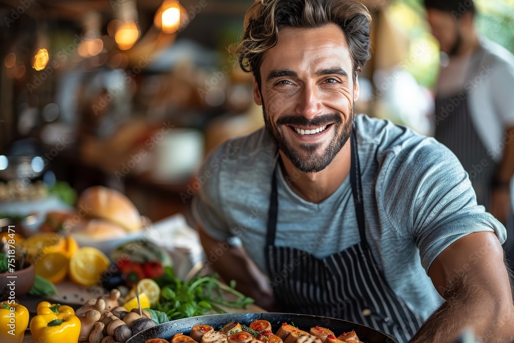 A charismatic chef in apron presents a colorful dish, his smile conveys passion for cooking and hospitality A charismatic chef in apron presents a colorful dish, his smile conveys passion for cooking and hospitality