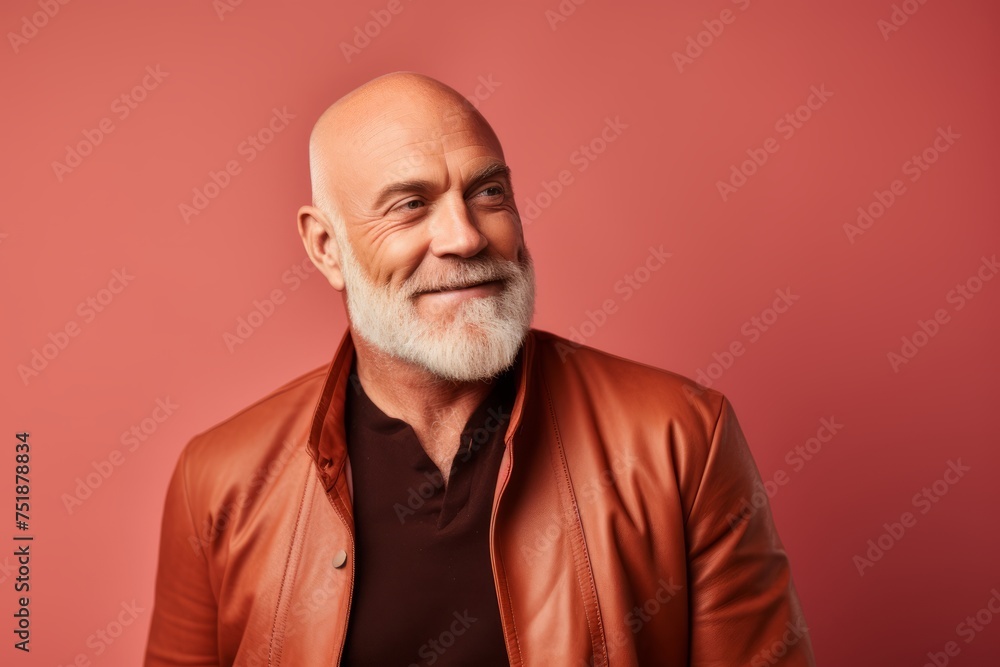 Portrait of a smiling senior man in a leather jacket on a pink background. Portrait of a smiling senior man in a leather jacket on a pink background.