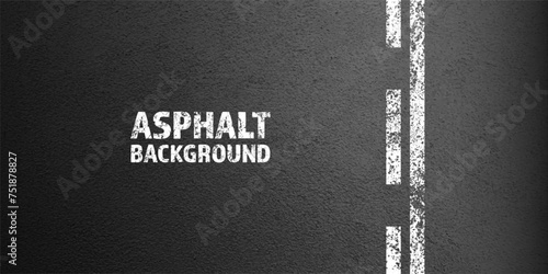 Asphalt road with white cracked lane marking, concrete highway surface, texture. Street traffic line, road dividing strip. Pattern with grainy structure, grunge stone background. Vector illustration