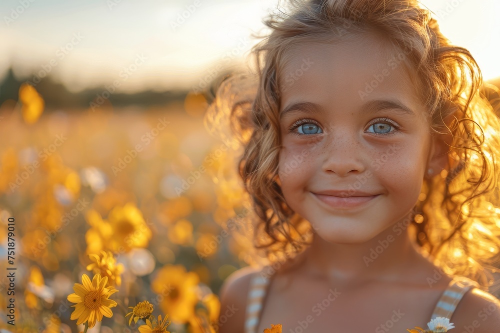 Young girl smiling in a field of yellow flowers during sunset Young girl smiling in a field of yellow flowers during sunset