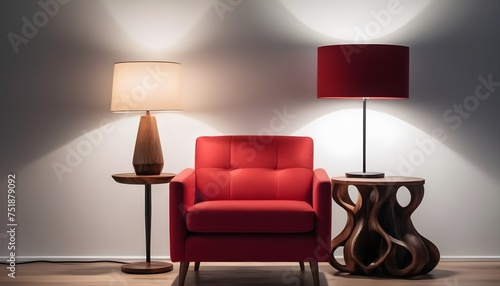 Home design room with a red armchair, a raw design wooden side table and lamp, minimal, simple, empty, no people © Lied