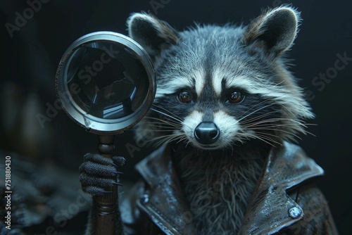Curious raccoon, in a 3D world, investigates with a magnifying glass on a mysterious dark theme.