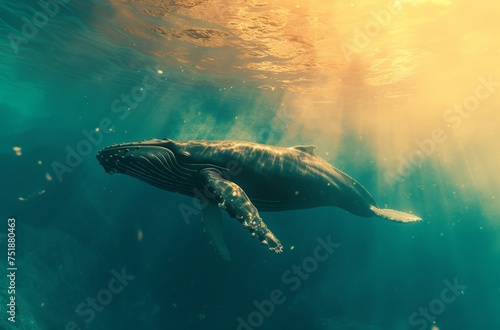 Tranquil underwater scene of a humpback whale gliding gracefully in sunlit waters, creating a serene imagery © Nena Ai