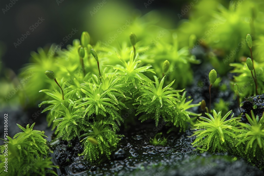 Macro shot of a moss patch, green textures and tiny life forms popping on black. Macro shot of a moss patch, green textures and tiny life forms popping on black.