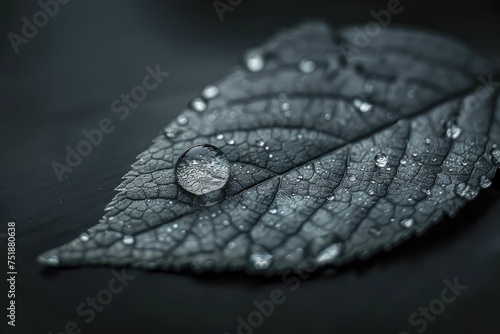 Macro shot of a single raindrop on a leaf, magnifying nature's simplicity on black. photo