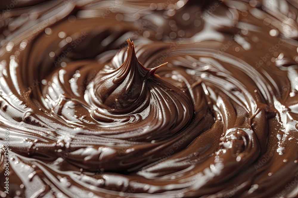 Macro view captures a chocolate swirl's creamy richness against the dark, showcasing its intricate texture. Macro view captures a chocolate swirl's creamy richness against the dark, showcasing its intricate texture.