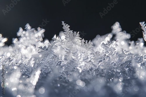 A captivating macro perspective of frost crystals, with their intricate structures gleaming against a dark backdrop.