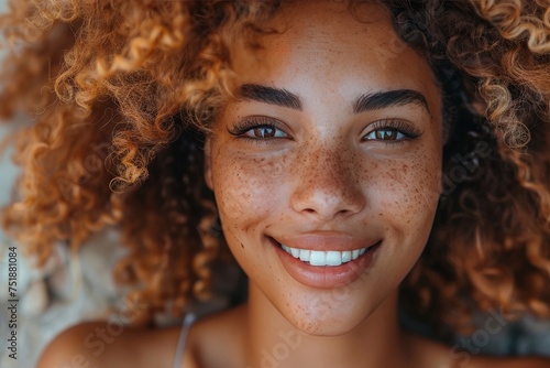 A close-up shot of a beaming woman with freckles, curly hair, showcasing her infectious smile and beauty
