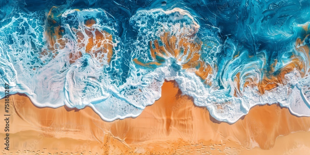 Illustration of Aerial View of Turquoise Waves on Sandy Beach, a Painted Artistic Impression in Horizontal Orientation. Generative AI
Illustration of Aerial View of Turquoise Waves on Sandy Beach, a Painted Artistic Impression in Horizontal Orientation. Generative AI