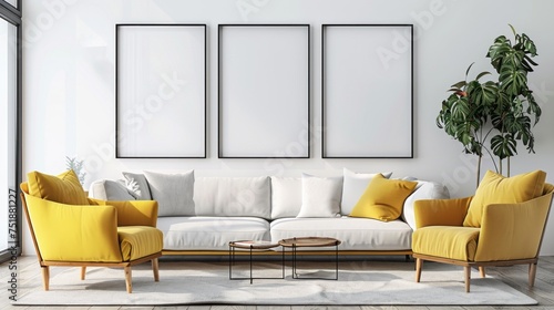 Perfect blend of comfort and style in a living room featuring a white sofa and yellow armchair