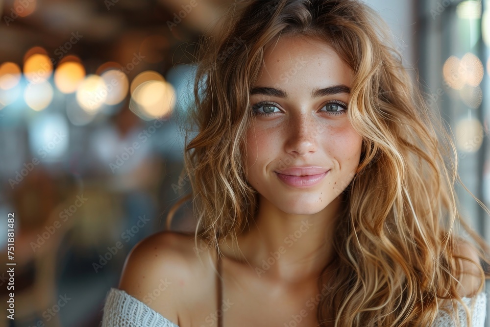 A candid close-up of a young woman smiling, showcasing her natural beauty and freckles A candid close-up of a young woman smiling, showcasing her natural beauty and freckles
