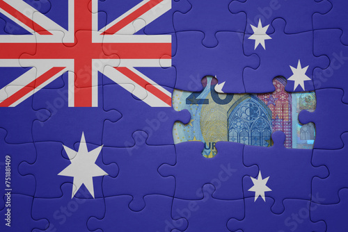 puzzle with the national flag of australia and euro banknote. finance concept