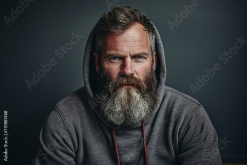 Portrait of a bearded man in a hooded sweatshirt. © Iigo