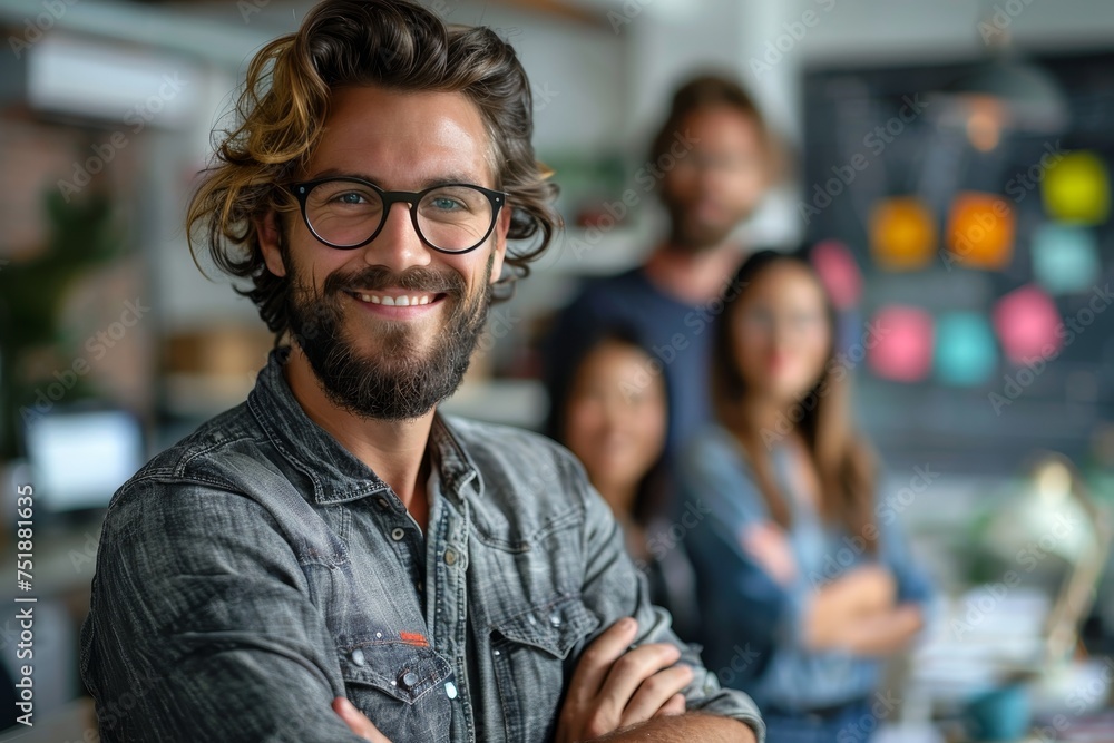 Smiling bearded man in casual work environment with team in the background Smiling bearded man in casual work environment with team in the background