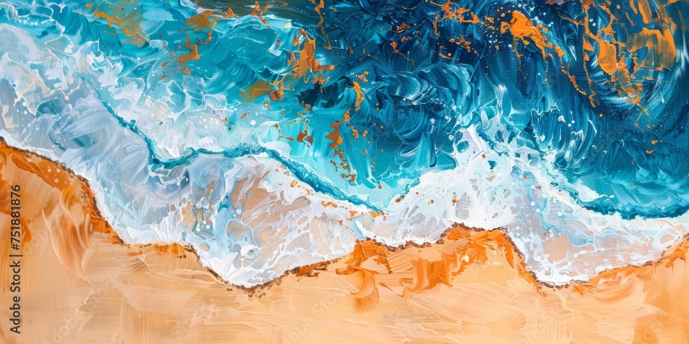 Illustration of Aerial View of Turquoise Waves on Sandy Beach, a Painted Artistic Impression in Horizontal Orientation. Generative AI
