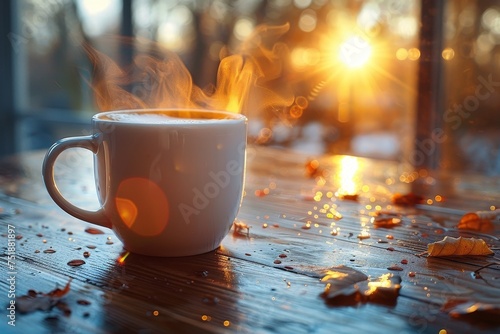 A warm coffee cup steams against a backdrop of a chilly sunrise and frosted autumn leaves