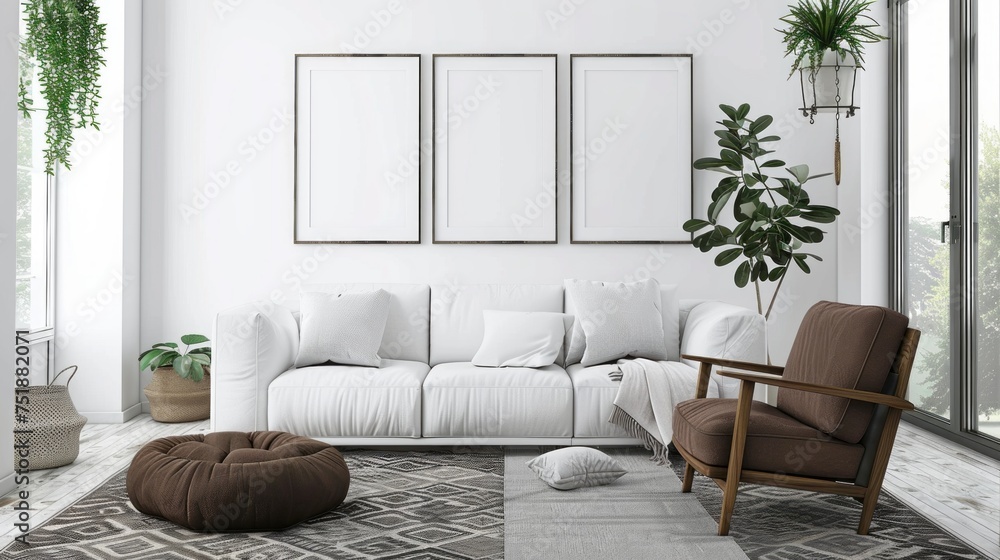 Cozy living room with white sofa and chocolate armchair Cozy living room with white sofa and chocolate armchair