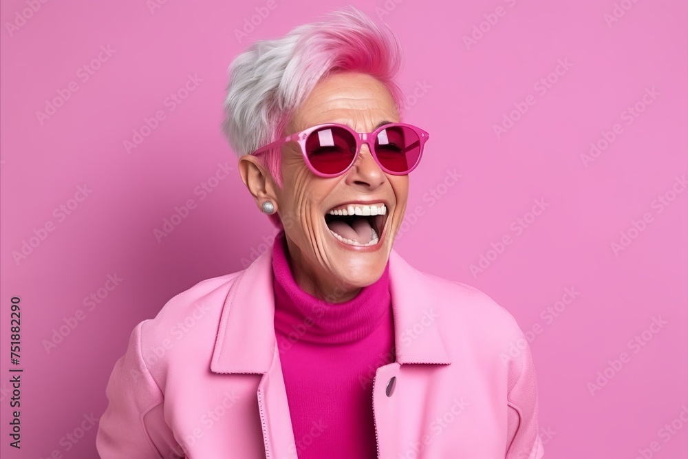 Portrait of a happy senior woman with pink hair and sunglasses over pink background Portrait of a happy senior woman with pink hair and sunglasses over pink background