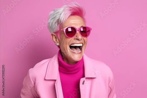 Portrait of a happy senior woman with pink hair and sunglasses over pink background © Iigo