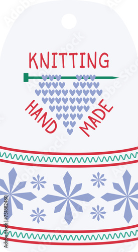 Knitting tag design heart shapes, snowflakes, text. Craft label handmade items winter theme. Crafting, homemade product tag vector illustration