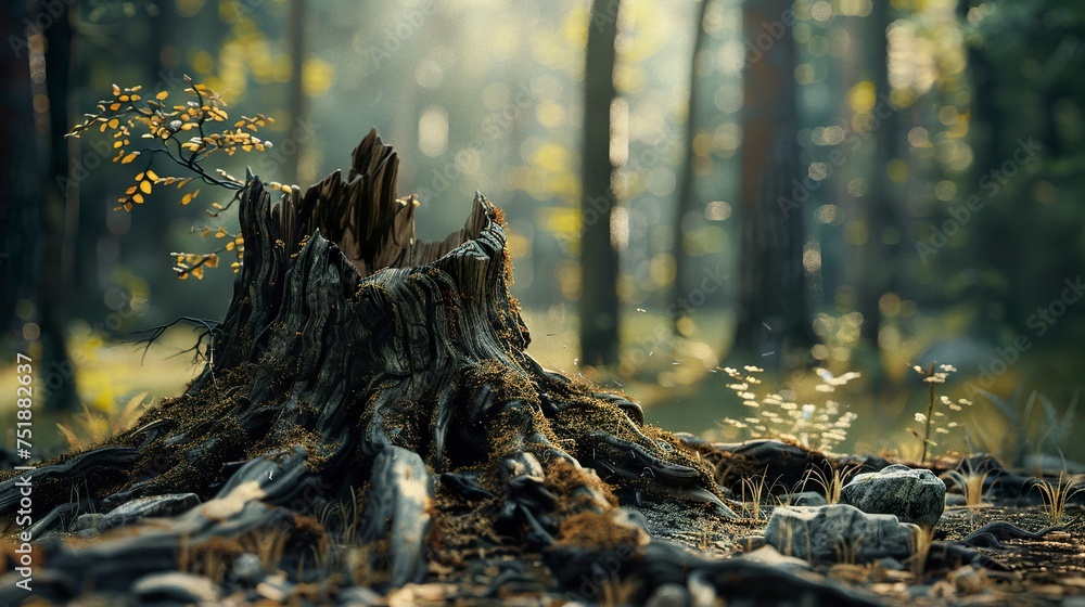 A tree stump rests silently on the forest floor, witness to past times and natural cycles. Tree stump in natural forest environment. A tree stump rests silently on the forest floor, witness to past times and natural cycles. Tree stump in natural forest environment.
