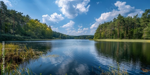 landscape with a lake surrounded by lush greenery. The water in the lake is calm and reflects the bright, blue sky with a few white clouds.