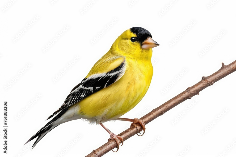 Fototapeta premium American goldfinch, full body, vibrant yellow plumage contrasting with black wings and cap, isolated against a pure white background, detailed texture of feathers, natural pose, high key lighting