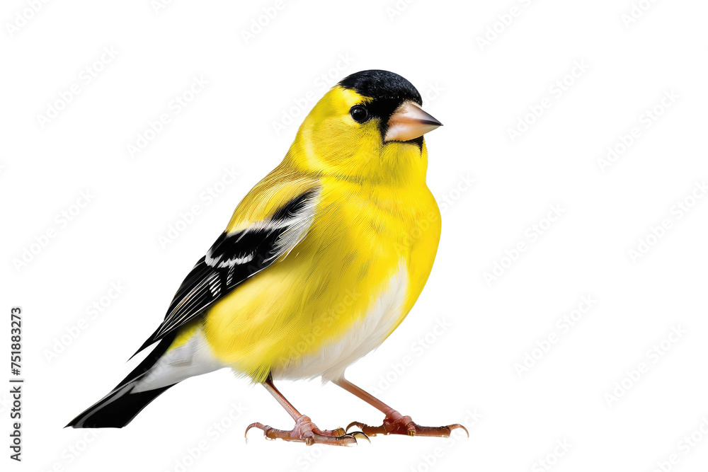 American goldfinch, full body, vibrant yellow plumage contrasting with black wings and cap, isolated against a pure white background, detailed texture of feathers, natural pose, high key lighting American goldfinch, full body, vibrant yellow plumage contrasting with black wings and cap, isolated against a pure white background, detailed texture of feathers, natural pose, high key lighting