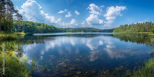 landscape with a lake surrounded by lush greenery. The water in the lake is calm and reflects the bright, blue sky with a few white clouds.