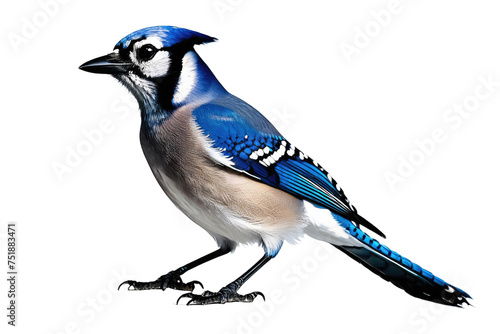 Blue jay stands full-bodied, isolated against a stark white background, feathers detailed in crisp focus, vibrant blue hues contrasted by its sleek black markings